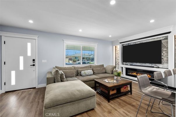 Fireplace, Interior, Living room, Recessed Lighting, Wood Texture Flooring