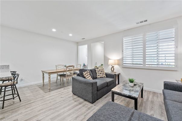 Dining room, Interior, Living room, Recessed Lighting, Wood Texture Flooring