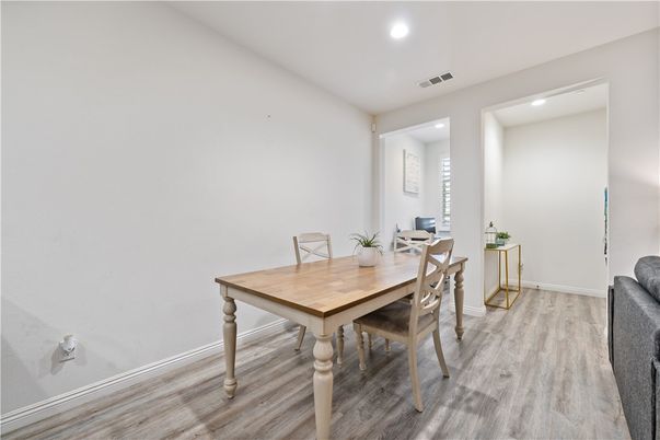Dining room, Interior, Recessed Lighting, Wood Texture Flooring