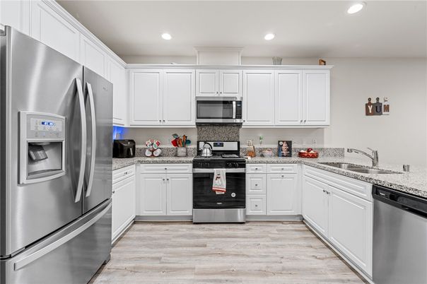 Interior, Kitchen, Recessed Lighting, Stainless Steel Appliances, Wood Texture Flooring