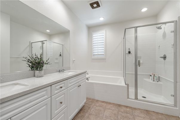 Bathroom, Dual Sink Vanities, Glass Shower, Interior, Recessed Lighting