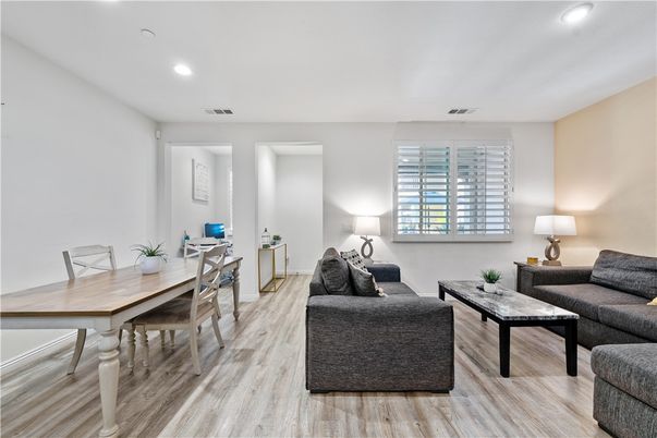 Dining room, Interior, Living room, Recessed Lighting, Wood Texture Flooring