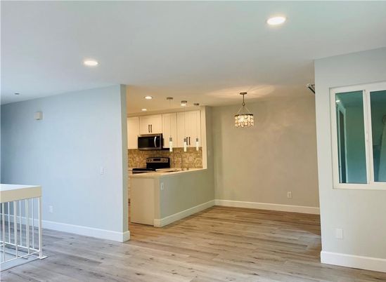 Empty room, Interior, Kitchen, Pendant Lights, Recessed Lighting, Wood Texture Flooring