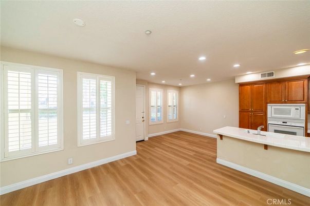 Empty room, Interior, Kitchen, Recessed Lighting, Wood Texture Flooring