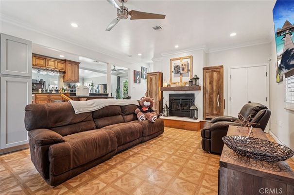 Fireplace, Interior, Kitchen, Living room, Recessed Lighting, Wood Texture Flooring