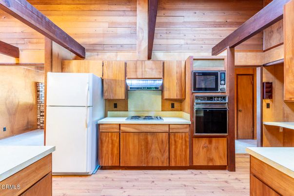 Interior, Kitchen, Stainless Steel Appliances, Wood Texture Flooring, Wooden Walls