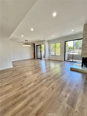 Empty room, Fireplace, Interior, Pendant Lights, Recessed Lighting, Wood Texture Flooring
