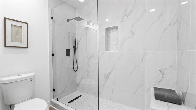 Bathroom, Glass Shower, Interior, Marble Walls, Recessed Lighting