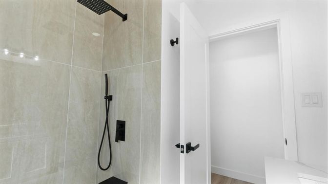 Bathroom, Glass Shower, Interior, Wood Texture Flooring
