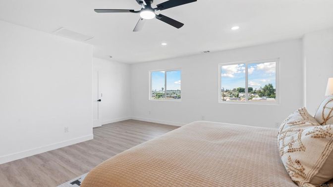 Bedroom, Interior, Recessed Lighting, Wood Texture Flooring