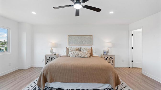 Bedroom, Interior, Recessed Lighting, Wood Texture Flooring