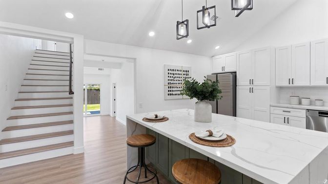Interior, Kitchen, Pendant Lights, Recessed Lighting, Stainless Steel Appliances, Wood Texture Flooring