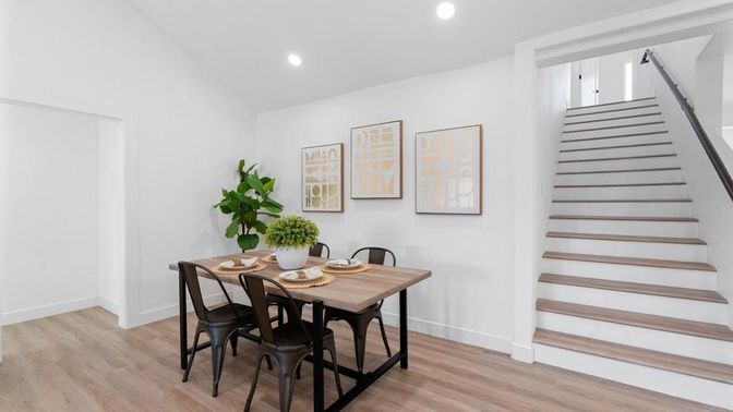 Dining room, Interior, Recessed Lighting, Wood Texture Flooring