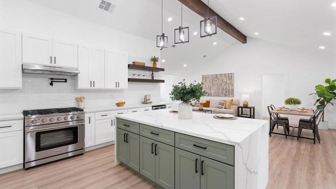 Dining room, Interior, Kitchen, Pendant Lights, Recessed Lighting, Stainless Steel Appliances, Wooden Beams, Wood Texture Flooring