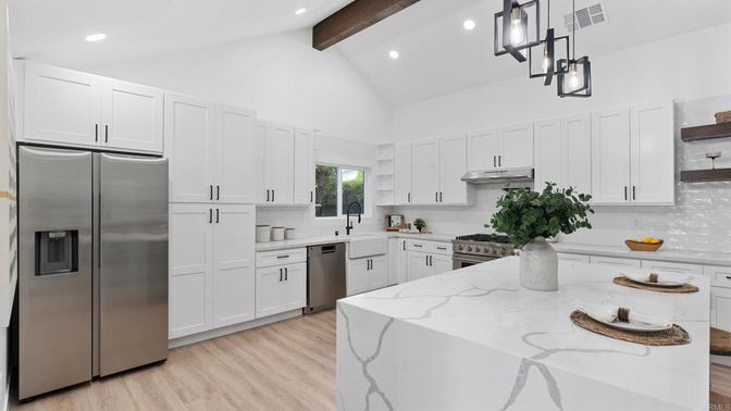 Interior, Kitchen, Pendant Lights, Recessed Lighting, Stainless Steel Appliances, Wooden Beams, Wood Texture Flooring