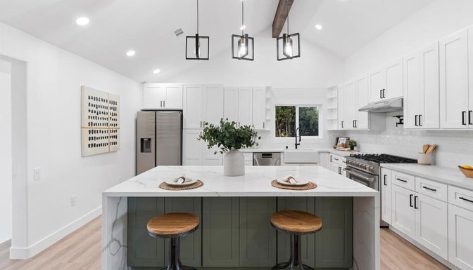 Interior, Kitchen, Pendant Lights, Recessed Lighting, Stainless Steel Appliances, Wooden Beams, Wood Texture Flooring