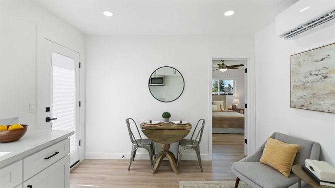 Bedroom, Dining room, Interior, Recessed Lighting, Wood Texture Flooring