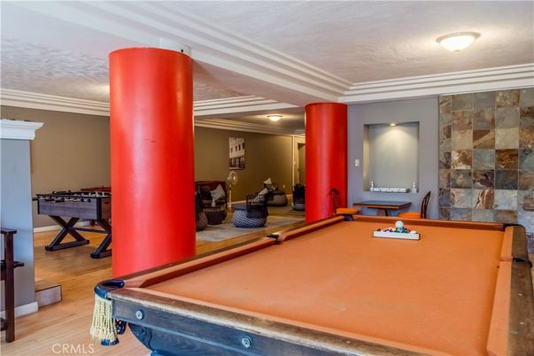 Billiard Table, Game Room, Interior, Stone Walls, Wood Texture Flooring