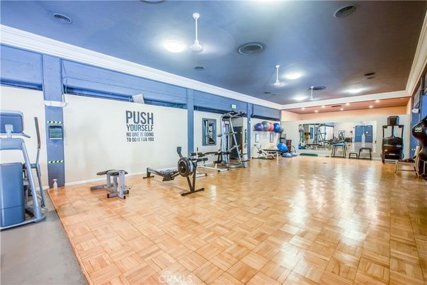 Fitness Equipment, Gym, Interior, Recessed Lighting, Wood Texture Flooring