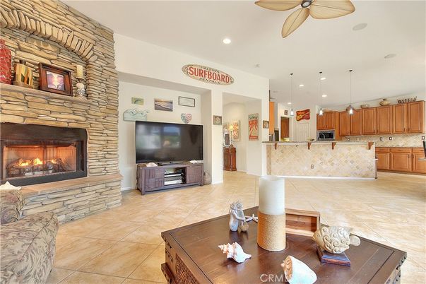 Fireplace, Interior, Kitchen, Pendant Lights, Recessed Lighting, Stone Walls
