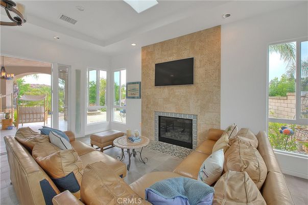 Fireplace, Interior, Living room, Recessed Lighting, Stone Walls