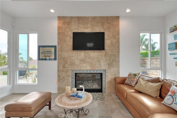 Fireplace, Interior, Living room, Recessed Lighting, Stone Walls