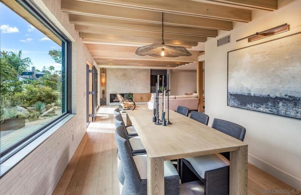 Dining room, Fireplace, Interior, Pendant Lights, Wooden Beams, Wooden Ceilings, Wood Texture Flooring