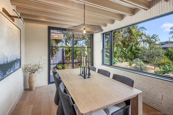Dining room, Interior, Pendant Lights, Wood Texture Flooring