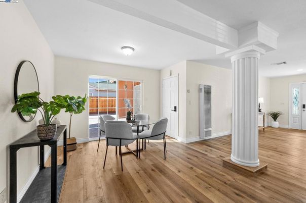 Dining room, Interior, Recessed Lighting, Wood Texture Flooring