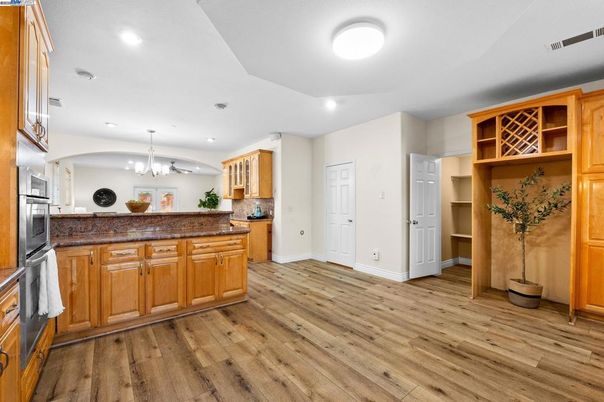 Chandelier, Interior, Kitchen, Pendant Lights, Recessed Lighting, Wood Texture Flooring