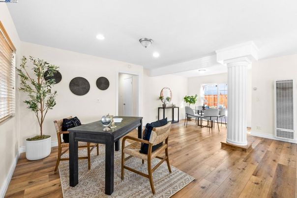 Dining room, Interior, Recessed Lighting, Wood Texture Flooring