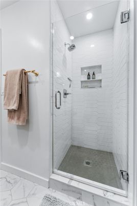 Bathroom, Glass Shower, Interior, Marble, Recessed Lighting