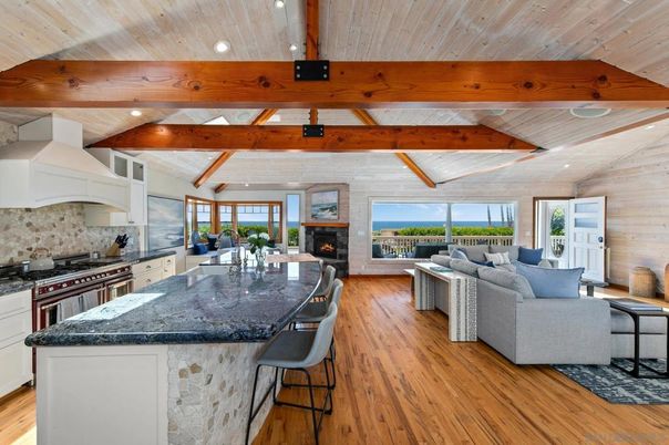 Fireplace, Interior, Kitchen, Living room, Recessed Lighting, Stainless Steel Appliances, Stone Walls, Wooden Beams, Wooden Ceilings, Wood Texture Flooring