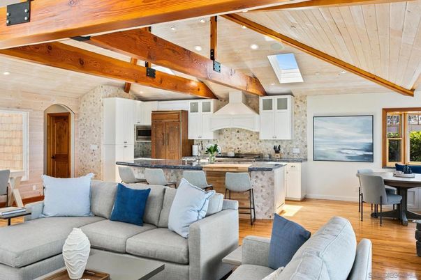 Dining room, Interior, Kitchen, Living room, Recessed Lighting, Stainless Steel Appliances, Stone Walls, Wooden Beams, Wooden Ceilings, Wood Texture Flooring