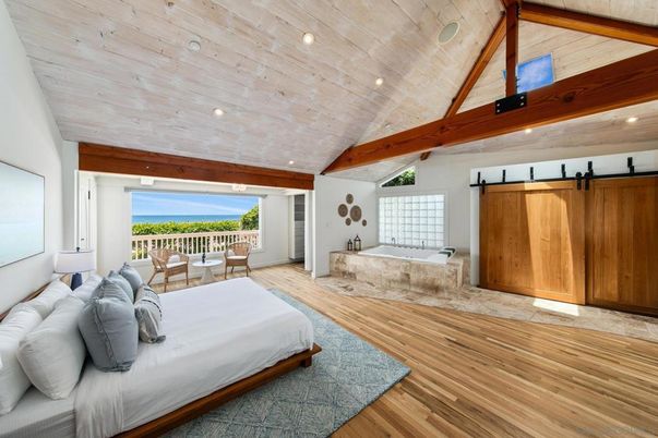 Bedroom, Interior, Recessed Lighting, Water, Wooden Beams, Wooden Ceilings, Wood Texture Flooring