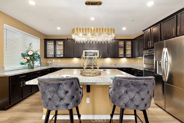 Chandelier, Interior, Kitchen, Pendant Lights, Recessed Lighting, Stainless Steel Appliances, Wood Texture Flooring