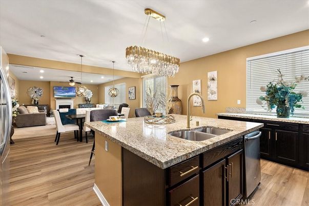 Chandelier, Dining room, Interior, Kitchen, Living room, Pendant Lights, Recessed Lighting, Wood Texture Flooring