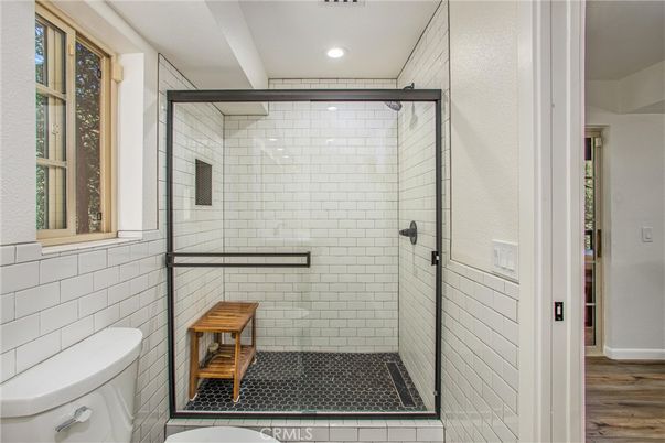 Bathroom, Glass Shower, Interior, Recessed Lighting, Wood Texture Flooring