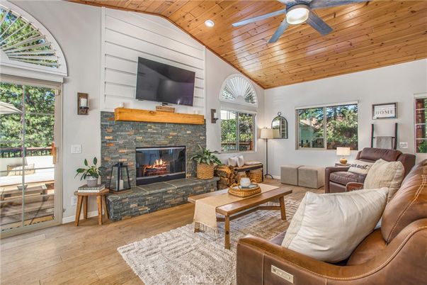 Fireplace, Interior, Living room, Recessed Lighting, Wooden Ceilings, Wood Texture Flooring