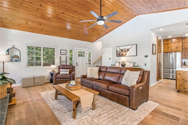 Interior, Kitchen, Living room, Recessed Lighting, Stainless Steel Appliances, Wooden Ceilings, Wood Texture Flooring