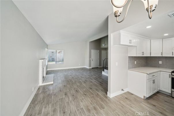 Empty room, Interior, Kitchen, Recessed Lighting, Wood Texture Flooring
