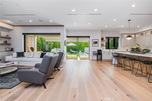 Interior, Kitchen, Living room, Marble Walls, Pendant Lights, Recessed Lighting, Wood Texture Flooring