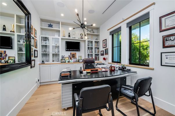 Home Office, Interior, Pendant Lights, Recessed Lighting, Wood Texture Flooring