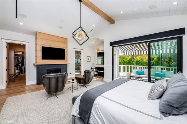 Bedroom, Fireplace, Interior, Pendant Lights, Recessed Lighting, Wooden Beams, Wood Texture Flooring