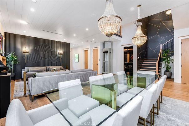 Chandelier, Dining room, Interior, Living room, Recessed Lighting, Wood Texture Flooring
