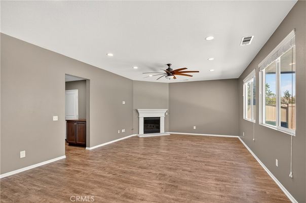Empty room, Fireplace, Interior, Recessed Lighting, Wood Texture Flooring