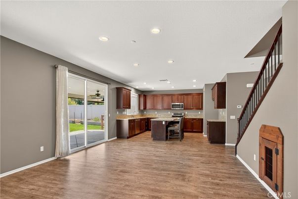 Dining room, Interior, Kitchen, Recessed Lighting, Stainless Steel Appliances, Wood Texture Flooring