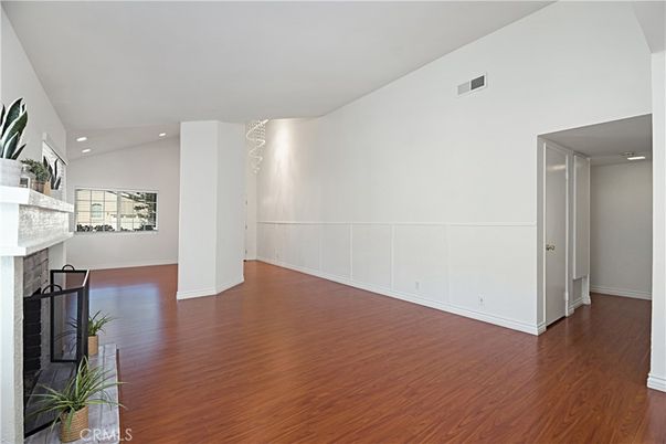 Empty room, Fireplace, Interior, Recessed Lighting, Wood Texture Flooring