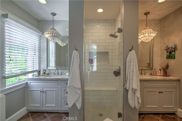 Bathroom, Chandelier, Glass Shower, Interior, Pendant Lights, Recessed Lighting