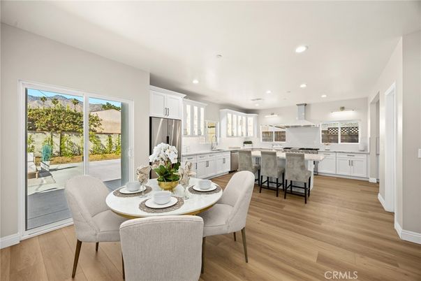 Dining room, Interior, Kitchen, Recessed Lighting, Stainless Steel Appliances, Wood Texture Flooring